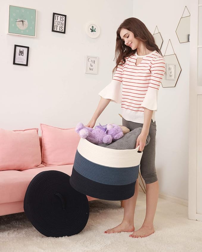 20x15 Inch Extra Large Round Cotton Rope Storage Basket with Lid, Decorative Woven Bin with Cover for Living Room Bedroom Closet, Dark Blue & Deep Blue - Image 7