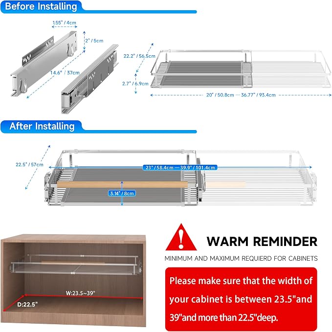 Pull Out Cabinet Organizer, 23~39.8" W x 22.5" D, 2 Pack | Expandable Pull Out Shelves for Kitchen Cabinets, Heavy Duty Stainless Steel Slide Out Pantry Shelves Sliding Shelf for Home - Image 2