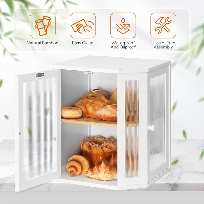 HOOBRO Bread Box, Bamboo Bread Box for Kitchen Countertop, 2-Tier Corner Bread Box, Large Capacity Bread Bin, Food Storage Box, Bread Storage Container for Kitchen, Dining Room, White WT12MB01 - Image 4
