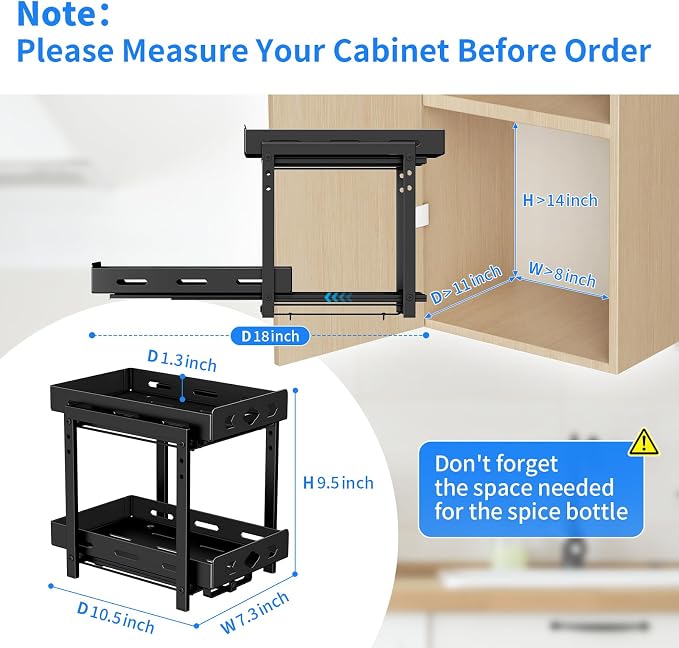 BOIVSHI Spice Rack Organizer for Cabinet, 7.5''Wx10.8''Dx9.2''H | 2 Tier Pull Out Spice Racks for Inside Cabinets, Height-adjustable Metal Spice Rack Maximizes Cabinet Space - Image 3