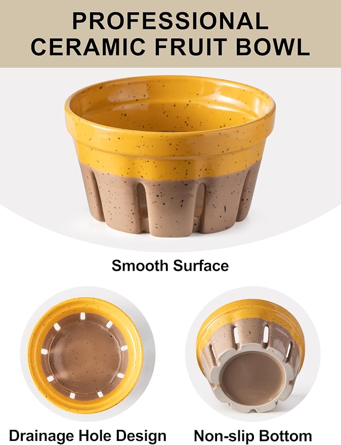 Gomakren Ceramic Berry Bowl Set of 2 Harvest Fruit Basket, Yellow + Brown | Drain Holes Keep Berries Fresh, Stackable, Wash & Serve | 5.8In Round Strawberry Grape Cherry Basket, Farmhouse Kitchen Decor - Image 7