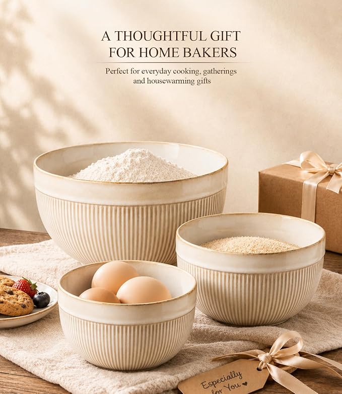 GBhome Ceramic Mixing Bowls Set of 3, Stoneware Nesting Serving Bowls | 45/90/150 oz For Prep, Baking, Serving, Gift, Microwave and Dishwasher Safe, Ribbed Dishware Collection,Cappuccino - Image 7