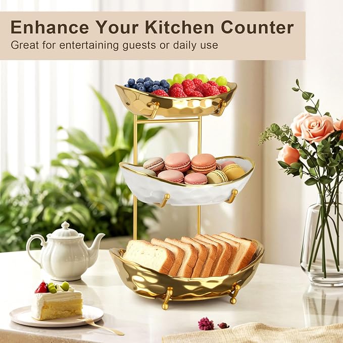 3 Tier Ceramic Fruit Bowl for Kitchen Counter, Tiered Fruit Basket Stand with Gold Metal Rack, Decorative Fruit Holder for Table, No Assembly Serving Bowls for Party Snacks & Housewarming Gift - Image 2