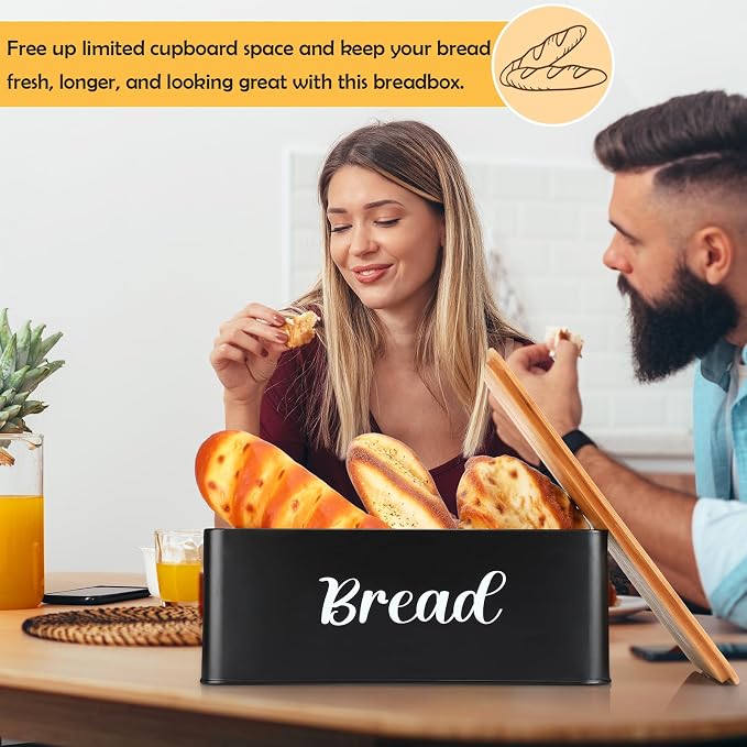 Hushee Metal Bread Box and Butter Dish with Bamboo Cutting Board Lid and Knife Bread Storage Container Breadbox for Kitchen Counter Butter Organizer for Kitchen Countertop Decoration(Black) - Image 6