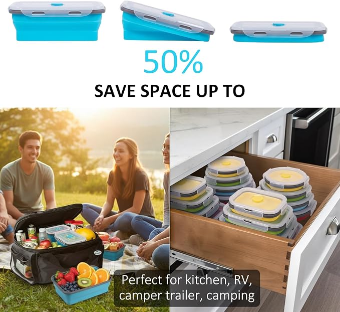 Collapsible Food Storage Containers with Lids 20 Pack(81oz/58oz Extra Large Included), 12 Rectangular+8 Round, Annaklin Silicone Collapsible Food Containers Sets Microwave Freezer Dishwasher Safe Blue - Image 4