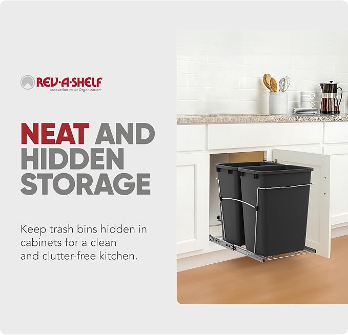 Rev-A-Shelf Double Pullout Garbage Trash Cans for Kitchen Cabinets, 35 Qt | Large Capacity Waste/ Recycling Bins, Heavy Gauge Wire Construction, with Full Extension Slides, Black, RV-18KD-18C S - Image 5