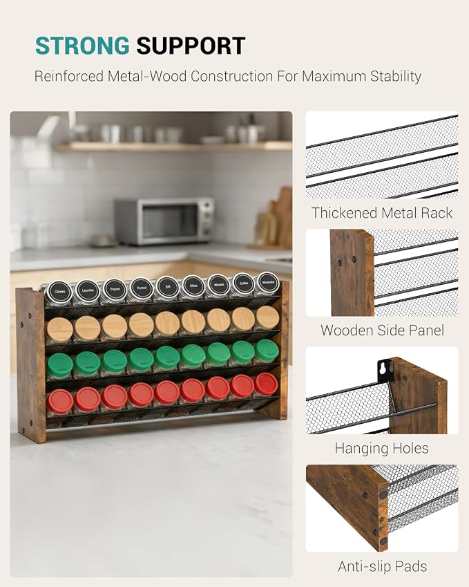 NESAPTO Spice Rack Organizer for Cabinet, Wood 4-Tier Vertical Seasoning Organizer, Wall Mount or Countertop Spice Shelf, Holds 36 Jars (No Jars Included), 17.2" W x 10.3" H - Image 7