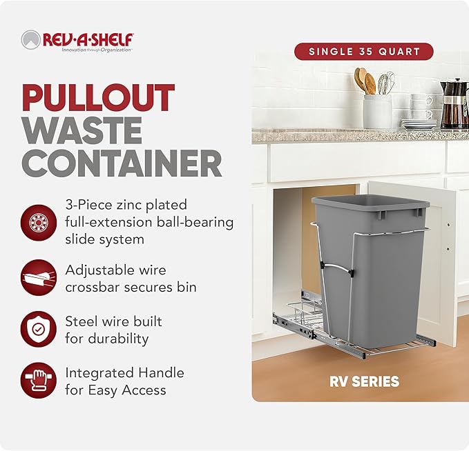 Rev-A-Shelf Pullout Trash Can for Kitchen Cabinets, Silver Waste Bin, 35 Qt | Large Capacity Garbage/ Recycling Waste Container, Heavy Gauge Metal Wire Construction w/Full Extension Slides, RV-12KD-17C S - Image 2