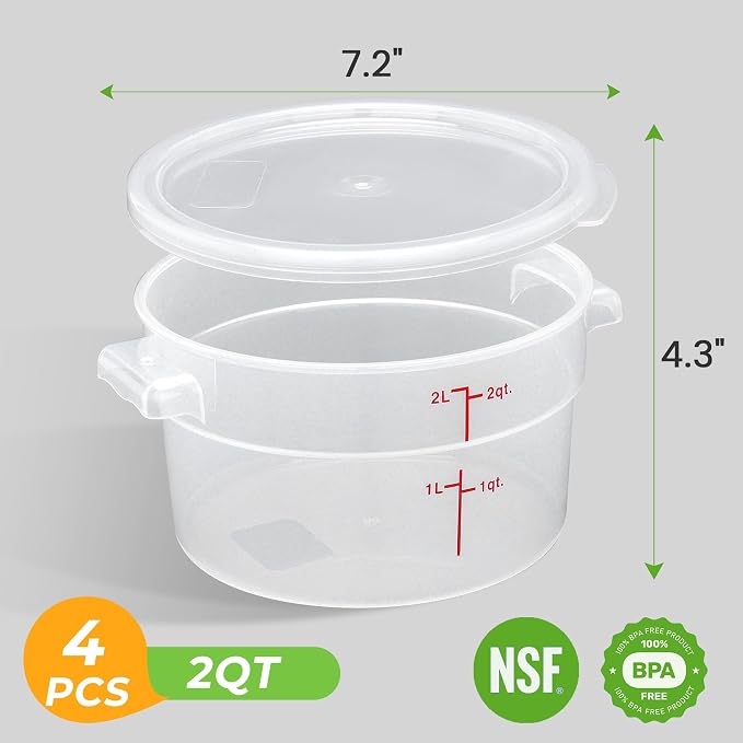 BIEAMA 4 Pack 2 Qt Round Food Storage Containers with Lids, Translucent PP | Include lids, labels, measuring cups and containers with capacity markings for food prep, pantry storage and dough proofing. - Image 2