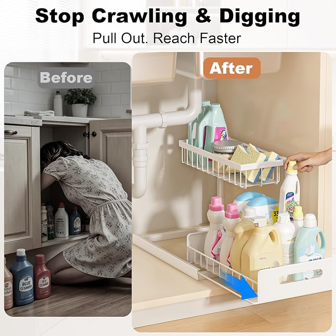 Under Sink Organizer, L-Shaped 2 Tier Pull Out Cabinet Organizer | Slide Out Sink Shelf Cabinet Storage Shelves, Under Sink Storage for Kitchen Bathroom Cabinet, White, 1 Pack - Image 4