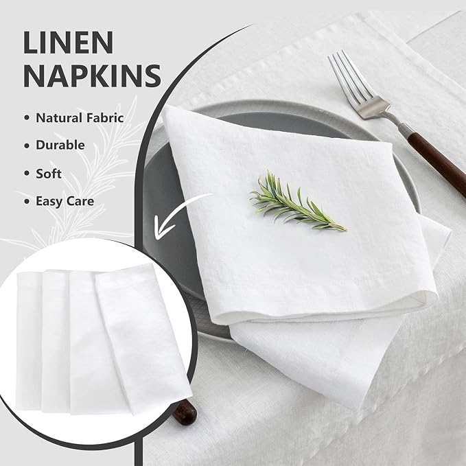 100% Linen Dinner Napkins 20x20 Inch,Soft and Breathable French Flax Cloth Napkins,Stone Washed Set of 4(White) - Image 3