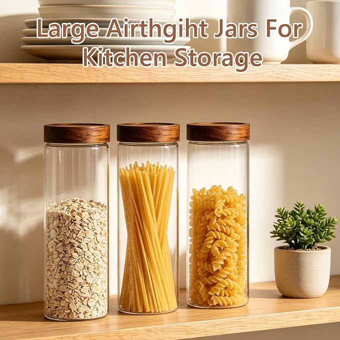 KEYWING 64oz Pasta Storage Containers with Lids, Glass Spaghetti Containers | 3Pcs 11.4” Tall Food Storage Jars with Airtight Acacia Wood Lid, Pantry Organizers for Cereal, Bread-sticks, with 126 Labels - Image 4