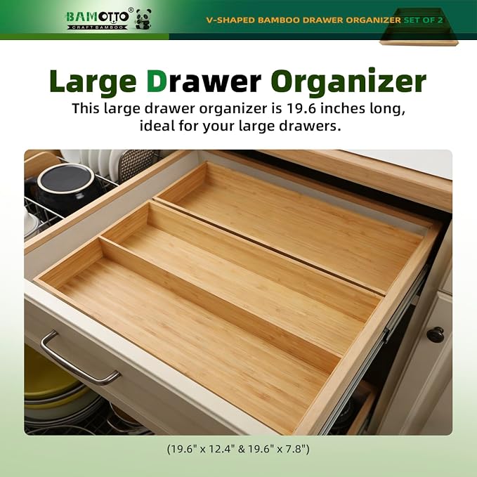 BAMOTTO CRAFTBAMBOO Long V-Shaped Bamboo Drawer Organizer Set of 2 | Silverware & Cutlery Tray | Flatware & Utensil | Kitchen & Bathroom | Narrow Fit | 19.6"×12.4" & 19.6"×7.8" - Image 4