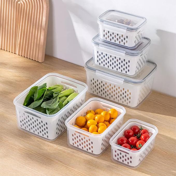 Set of 3 Airtight Fruit Storage Containers for Fridge with Removable Colanders, BPA-Free Veggie Keep-Fresh Salad Prep Bowls, Stackable Bins for Washing, Draining, and Extended Food Freshness by Livhome