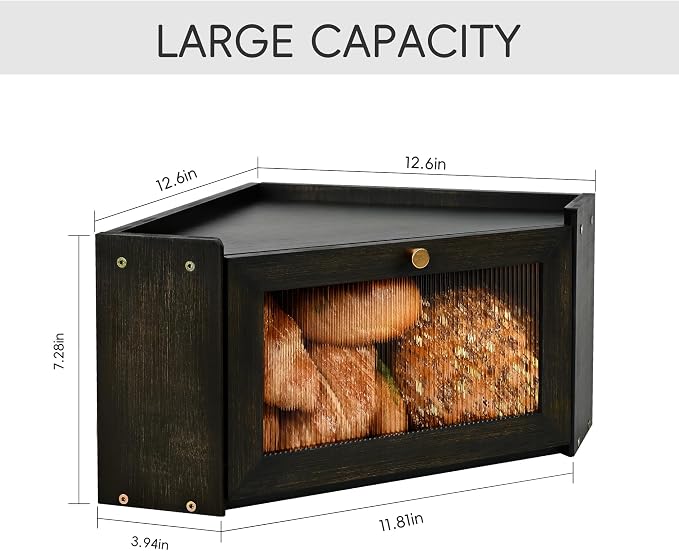 Bread Box for Kitchen Countertop with Acrylic Window Black | Farmhouse Bread Storage Container, Large Pantry Organizers for Homemade Snacks, Loaves, Breathable Keeps Bread Fresh - Image 3