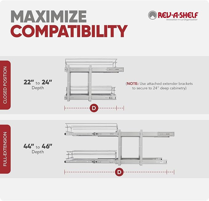 Rev-A-Shelf 2-Tier Pullout Shelf and Drawer Organizer for Kitchen Cabinets, Slide Out Storage Basket, Min Opening Width of 8.5", 9" x 22", 5WB2-0922CR-1 - Image 8