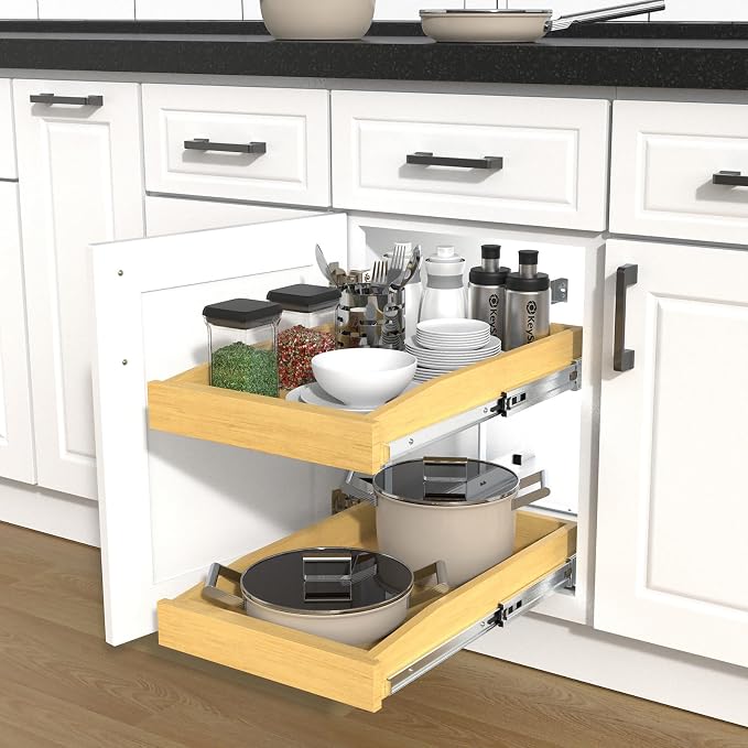 2 Tier Pull Out Cabinet Organizer, 17"W x 21"D Solid Wood Heavy-Duty Base Bottom Assembly Slide out Drawer Shel Cabinet Organization for Kitchen, Pantry, Bathroom - Image 9