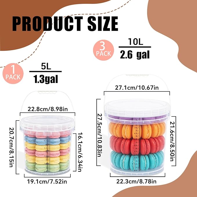 3 Pack 2.6 Gal & 1.3 Gallon Bucket with Lid, Clear Plastic Food Storage Containers, Food Grade Buckets with Lids for Ice Cream, Dog Food, Water, Large Quart Container with Handle - Image 3