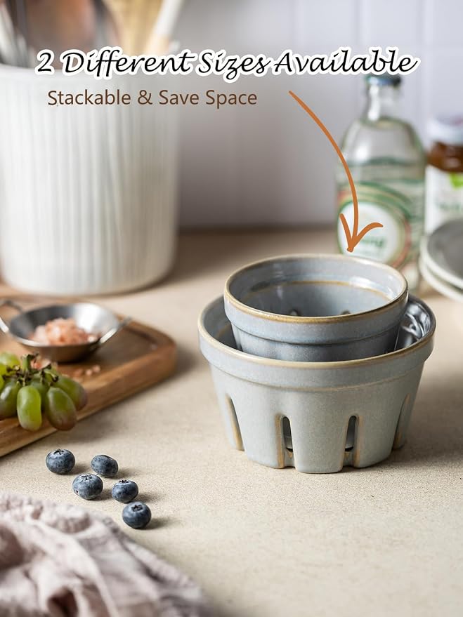 Gomakren Ceramic Berry Basket Set of 2, Small Fruit Bowl Colanders, Gray | Drain Holes Keep Berries Fresh, Stackable, Wash & Serve, Round Strawberry Basket for Fridge Kitchen Counter, Lovely Home Gift - Image 7