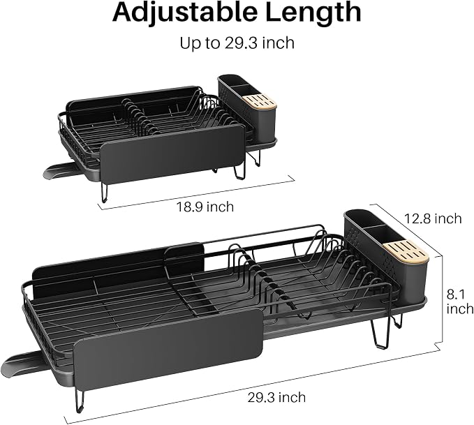 SNTD Large Dish Drying Rack for Kitchen Counter, Expandable, Black | Stainless Steel Dish Drainer, Adjustable Length 18.9''-29.3'', Automatic Drainage, 360° Spout, Cutlery Holder with Knife Slot - Image 2