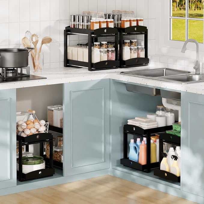 Bamboo Under Sink Organizer 2 Tier Pull Out Cabinet Storage Drawer - Image 5