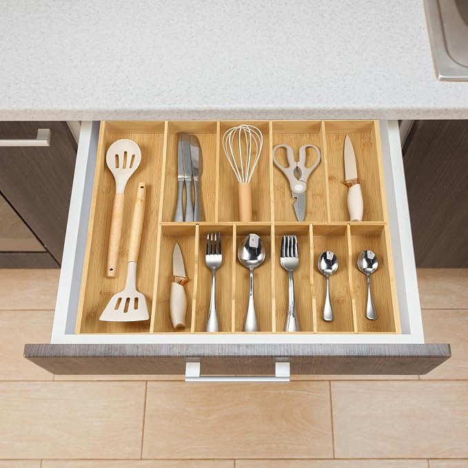 Fabsome Silverware Organizer for Kitchen Drawers, 2.5'' Deep 18.8'' Wide Bamboo Wood Flatware Tray with Deep Slots for Large Cutlery Utensil Drawer - Image 5