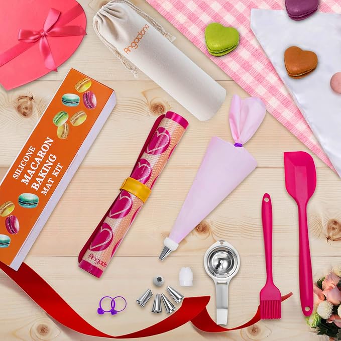 Silicone Macaron Baking Mat Kit - (30 in 1) Macaroon Baking Mat Heart Set,2 Half Sheet Macaron Silicone Mat,1 Egg Separator,1 Pastry Brush,1 Spatula,6 Frosting Tips,12 Piping Bags - Image 2