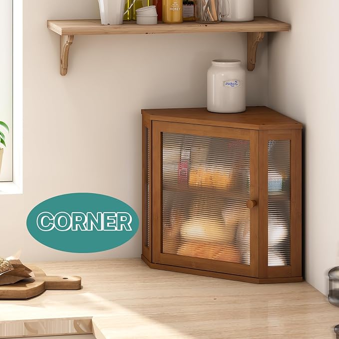 viewcare Corner Bread Box for Kitchen Counter, Bamboo Wood Large Capacity Bread Storage Bin with Acrylic Wavy Door Panel (Brown, Meduim) - Image 2