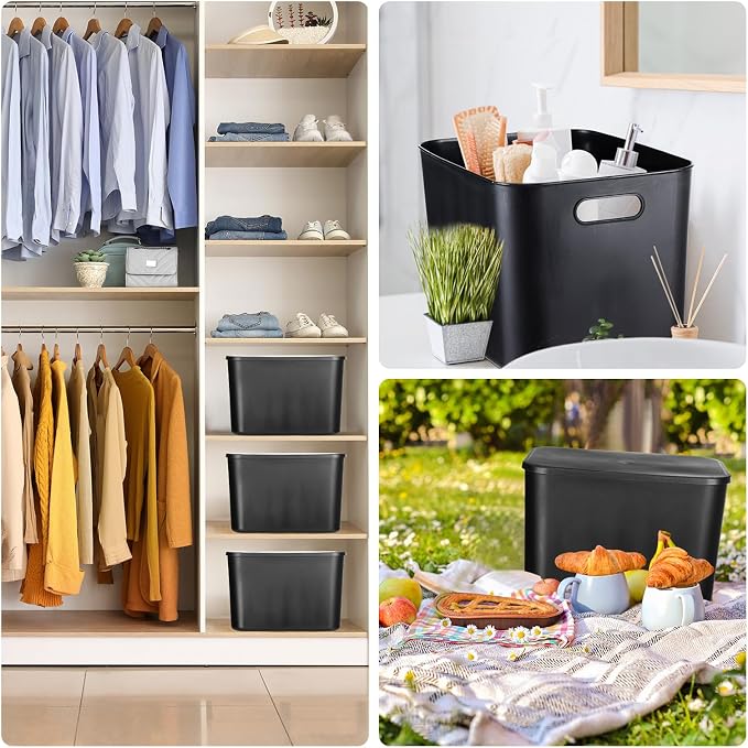8 Pieces Colorful Storage Bins with Lid, Plastic Storage Basket Organizing Container Stackable Box with Handle for Shelves Desktop Playroom Office(14.2 x 10.2 x 9.5 Inch,Black) - Image 5