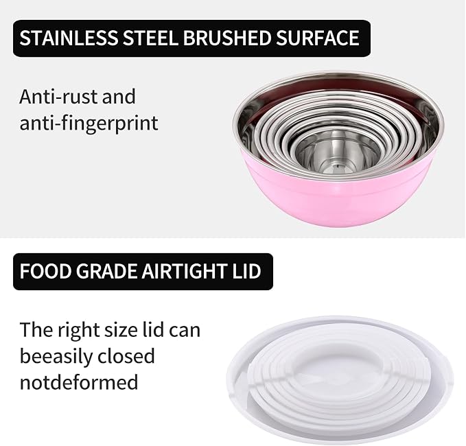 Pink Mixing Bowls with Lids Set of 7, Stainless Steel Nesting Bowl with Khaki Lid for Non-slip Mixing Prepping Storing Serving, 7 Sizes-7/3.6/2.7/2.1/1.5/1/0.8 QT - Image 5
