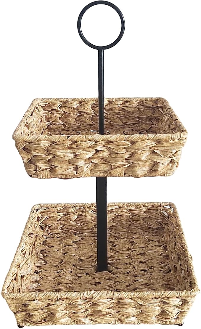 2 Tier Wire Fruit Basket with Rattan | Square Metal Standing Baskets| Handwoven Fruit and Vegetable Storage Organizer |Stackable Candy Organizer|Multi-Function Snack Rack&Shelf for Chips - Image 5
