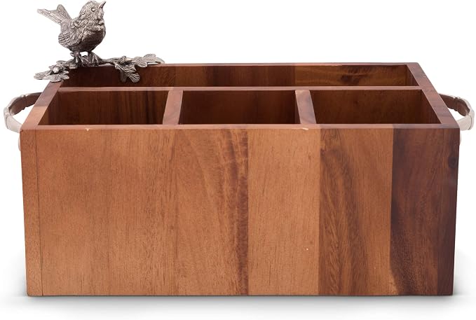 Caddy Rectangle Acacia Wood Flatware/Serve ware/Utensil/Carry-All Holder Solid Pewter Song Bird Accent and Real Leather Handles, 3 Small and 1 Larger Compartment 13.5 inch Long - Image 3