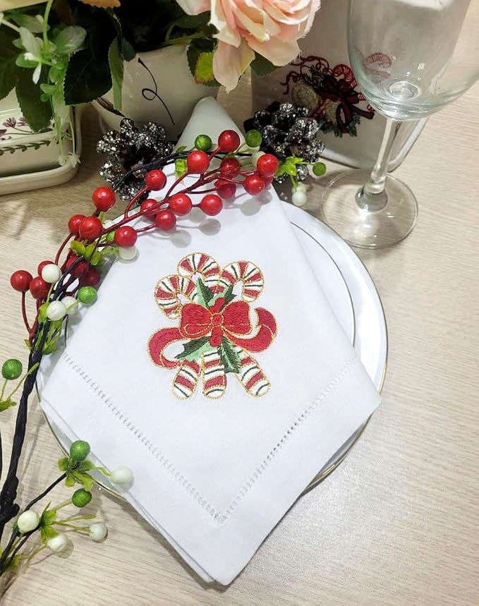 Embroidered Cloth Napkin – Red Candy Cane Christmas Cotton Napkins, Set of 6, 20x20 Hemstitch Table Napkin – Machine Washable – Ideal for Daily Use, Giving - Image 2