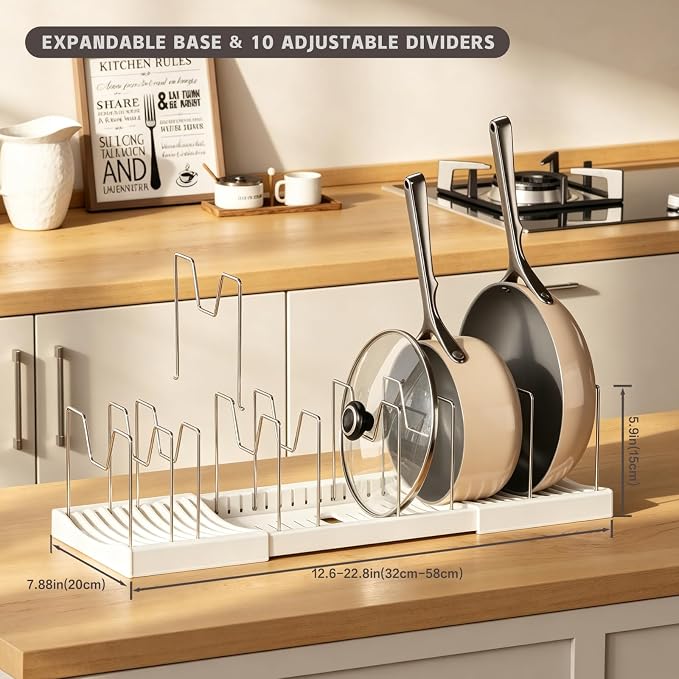 Magheo Pots and Pans Organizer Under Cabinet, Expandable 12.6"-22.8" Kitchen Cabinet Organizer Holder with 10 Adjustable Dividers for Food Storage Container Lid, Cookie Sheet, Cookware(1 Pack, White) - Image 2