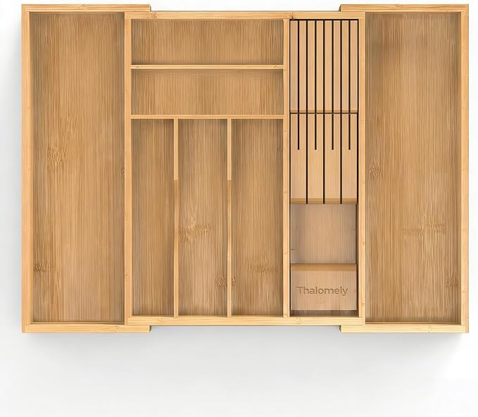 Bamboo Kitchen Drawer Organizer, Expandable Silverware Organizer with Removable Knife Block, 6-8 Slots- Utensil Holder & Cutlery Tray Drawer Dividers, 2.36" Deep for Extra Capacity, Natural - Image 2