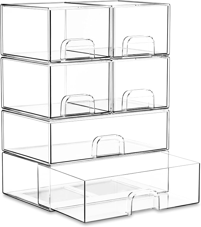 Stackable Storage Drawer Organizers Set of 6 for Bathroom Organizer Storage | Clear Plastic Organizer Bins for Baby Bottle, Kitchen Under Sink, Laundry, Pantry, Beauty, Cabinet, Medicine, Office Supplies by Unknown