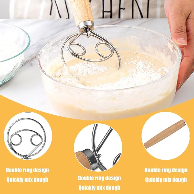 Danish Whisk 2 Pieces Danish Dough Whisk (33 cm & 24 cm) Stainless Steel Wire with Comfortable Wooden Handle Dutch Whisk for Making Cakes Cooking and Baking Sweets - Image 3