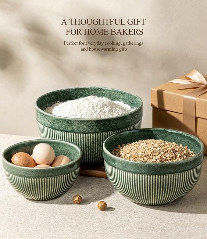 GBhome Ceramic Mixing Bowls Set of 3, Stoneware Nesting Serving Bowls, | 45/90/150 oz For Prep, Baking, Serving, Gift, Microwave and Dishwasher Safe, Ribbed Dishware Collection,Dark Green - Image 7