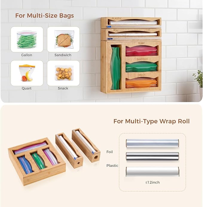 6-in-1 Bamboo Kitchen Drawer Organizer for Storage Bag, Foil & Plastic Wrap - Image 6