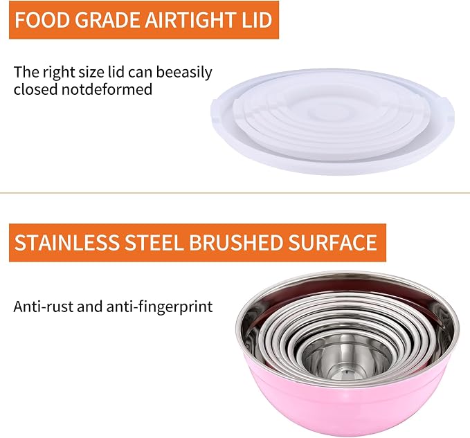 Pink Mixing Bowls With Airtight Lids,Stainless Steel Bowl,Salad Bowls 7 Piece Colorful Nesting Bowl Pink Kitchen Accessories,Size 7,3.6,2.7,2.1,1.5,1.1,0.8QT Stackable Design - Image 4