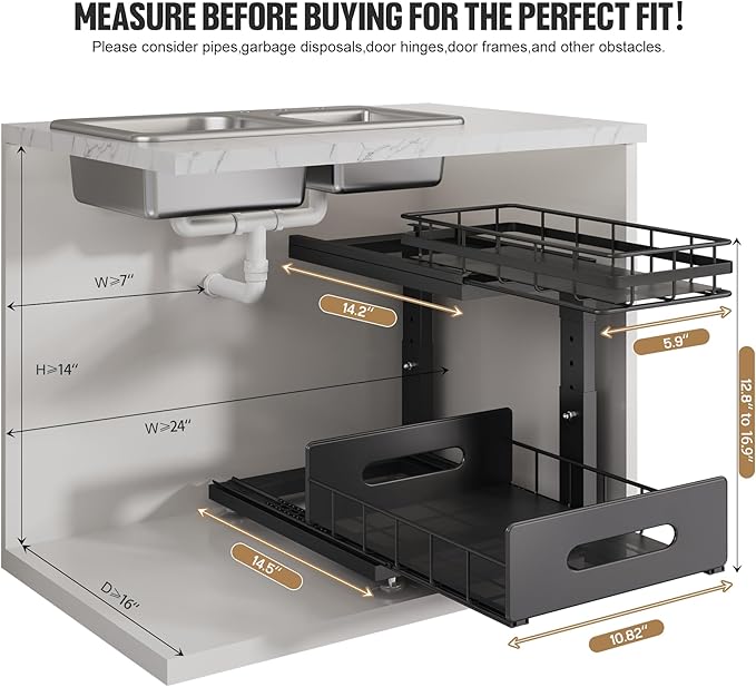 Under Sink Organizer Upgrade To Professional Rails,2-Tier Dual Pull Out Cabinet Storage,Height Adjustable Slide Out Drawers For Bathroom Kitchen,2 Pack-14.5" Dx12.8-16.9" H,Black - Image 2