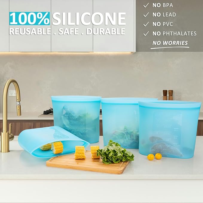 Reusable Food Storage Bags Extra Large, 0.8 Gallon/101 fl.oz/3000 ml, 4 Pack 100% Silicone Food Storage Bags Stand-Up Wide-Mouth Zip-Lock for Large Items, Freezer Microwave Oven Dishwasher Safe, Blue - Image 2