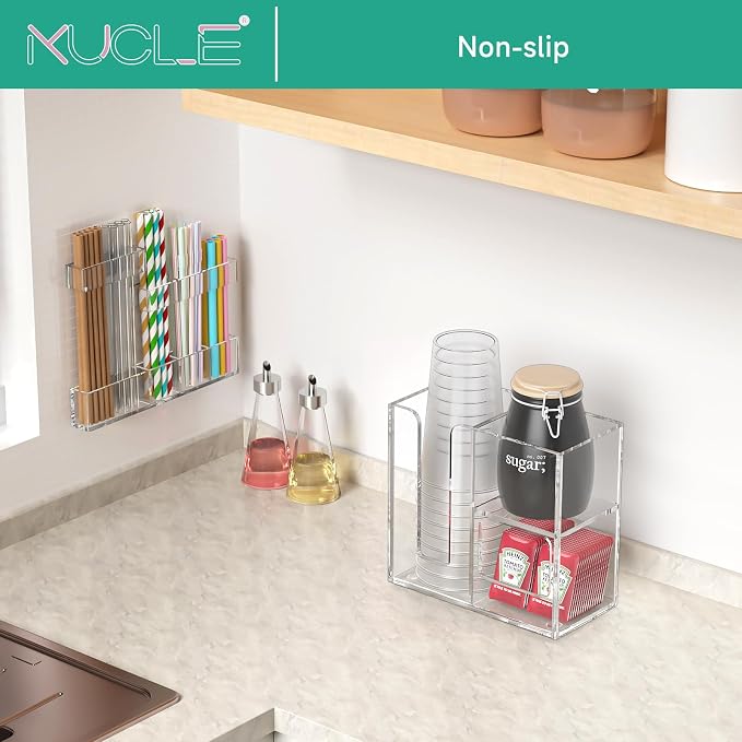2-Tier Coffee Station Organizer for Countertop, 3 Compartments Clear Acrylic Cup and Lid Holder Tea Condiment Storage Upright Coffee Bar Organizer Pod Dispenser for Office Breakroom Home Kitchen - Image 3