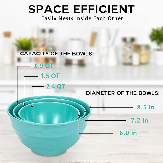 TP Mixing Bowl Set with Lids, 6-Piece Melamine Nesting Bowls Set for Pasta Baking Salad Mixing, Set of 3, Glossy Turquoise - Image 2