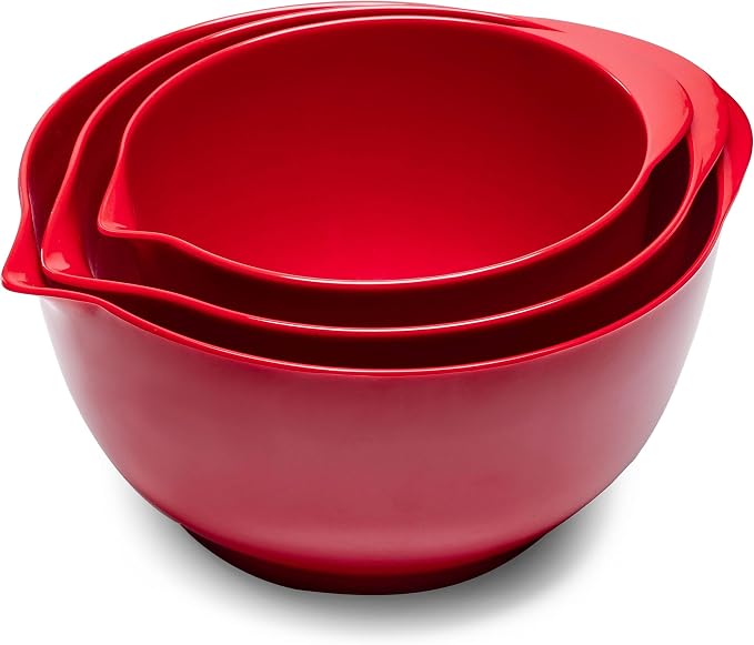 Mixing Bowls Set, 3 Piece Melamine Nesting Bowls with Pour Spout, Non-Slip Base, Great for Prepping, Baking, Mixing Cooking, BPA free and Dishwasher Safe, Red by ZAROCRUS