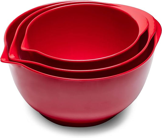 Mixing Bowls Set, 3 Piece Melamine Nesting Bowls with Pour Spout, Non-Slip Base, Great for Prepping, Baking, Mixing Cooking, BPA free and Dishwasher Safe, Red by ZAROCRUS
