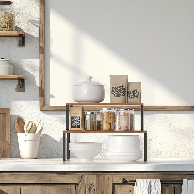 NEX Cabinet Organizer Shelf, Kitchen Counter Shelves Set of 4 | Stackable & Expandable Spice Rack, Space-Saving Pantry Organizers Bathroom Countertop Storage, Black and Rustic Brown - Image 6