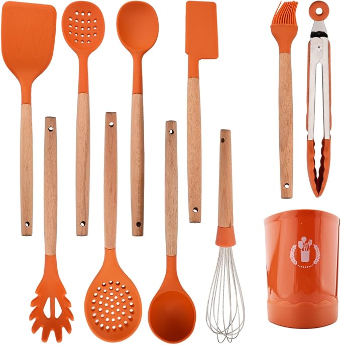 JASHII Orange Silicone Kitchen Utensils Set Orange Rubber Spatulas with Wooden Handle, Silicone Cooking Utensils with Holder, Heat Resistant for Nonstick Cookware by JASHII