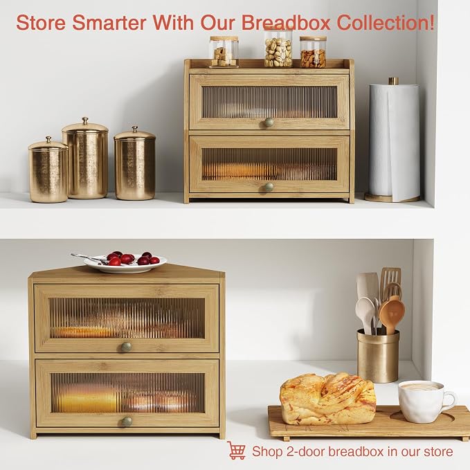 Goozii Corner Bread Box for Kitchen Countertop, Double Layer Bamboo Wood Breadbox for Homemade Bread, 2 Door Roll up Large Bread Storage Container Holder Cabinet for Counter top (Natural Color) - Image 6