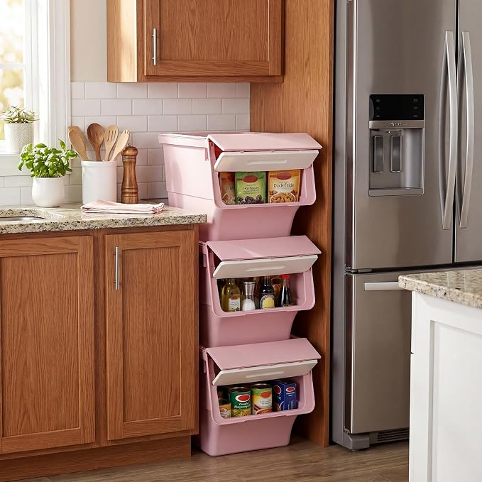 GIANTEX 3 Pack Plastic Stackable Storage Bins with Lids & Wheels, 35 QT | Open Front Stacking Bins, Organizer Bins for Pantry, Kitchen, Laundry, Closet, Playroom, Bedroom Organization - Image 9